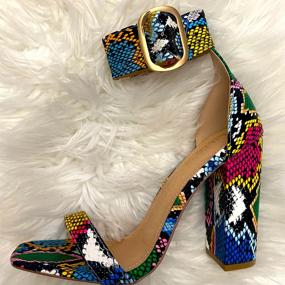 New Snake Skin multi color block heels. Never used.